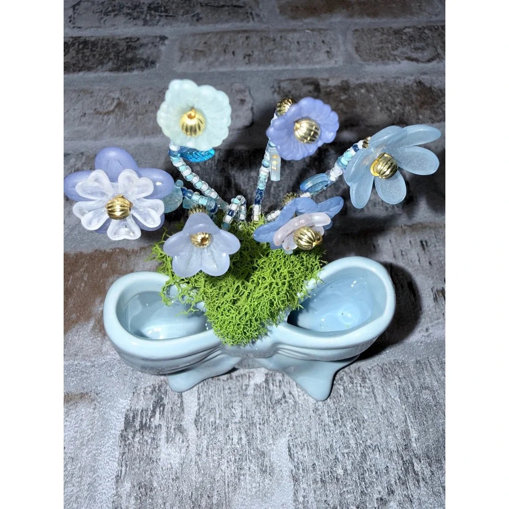 Vintage Blue Ceramic Bow Vase with Beaded Glass Flowers Miniature Arrangement